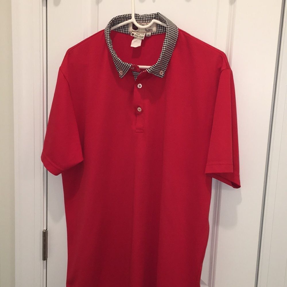 Cool Sunday Red w/button Down Plaid Collar Iliac mens Golf Polo Shirt XL Slim